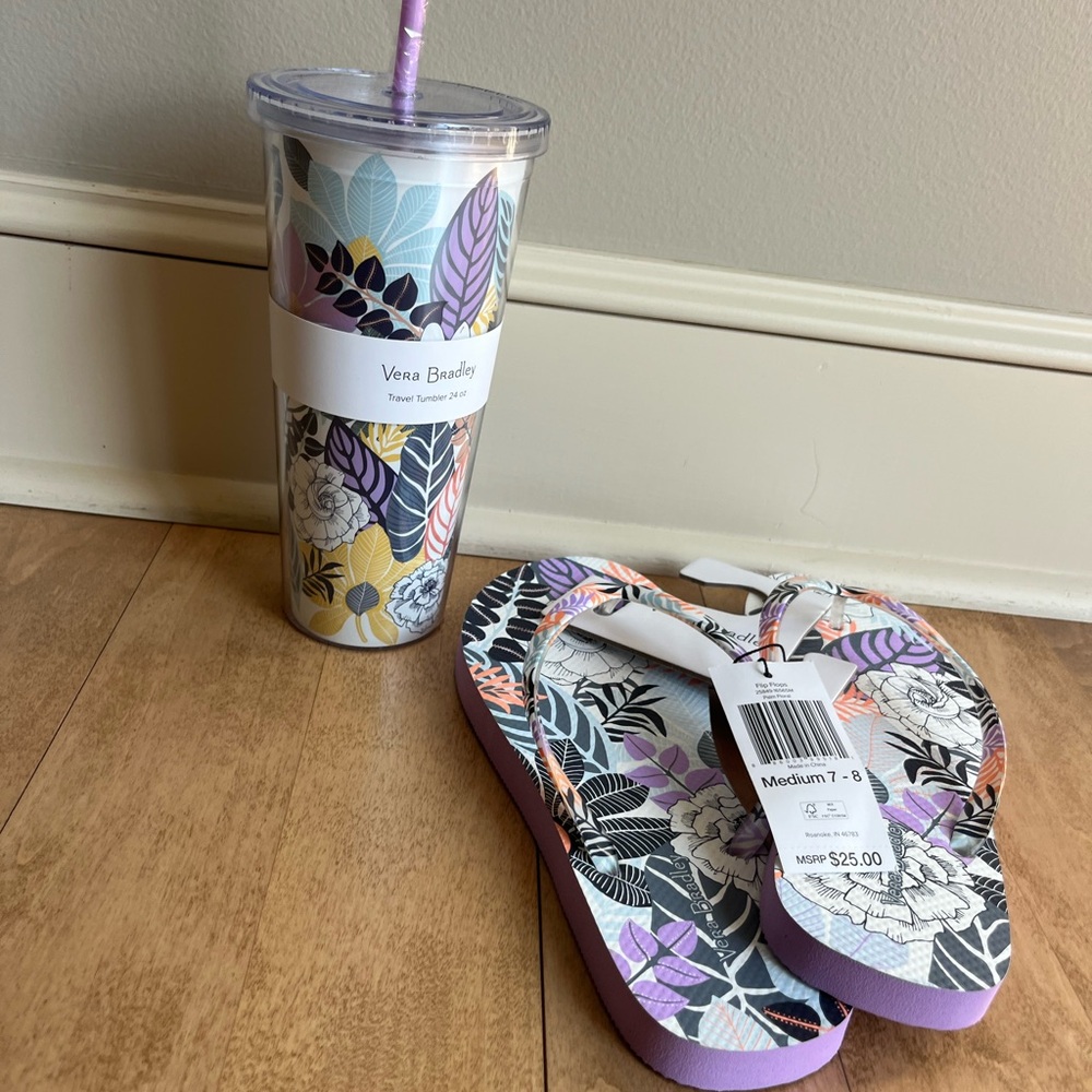 Vera Bradley Flip flops new ! 7/8. 24 oz tumbler new ! PALM FLORAL